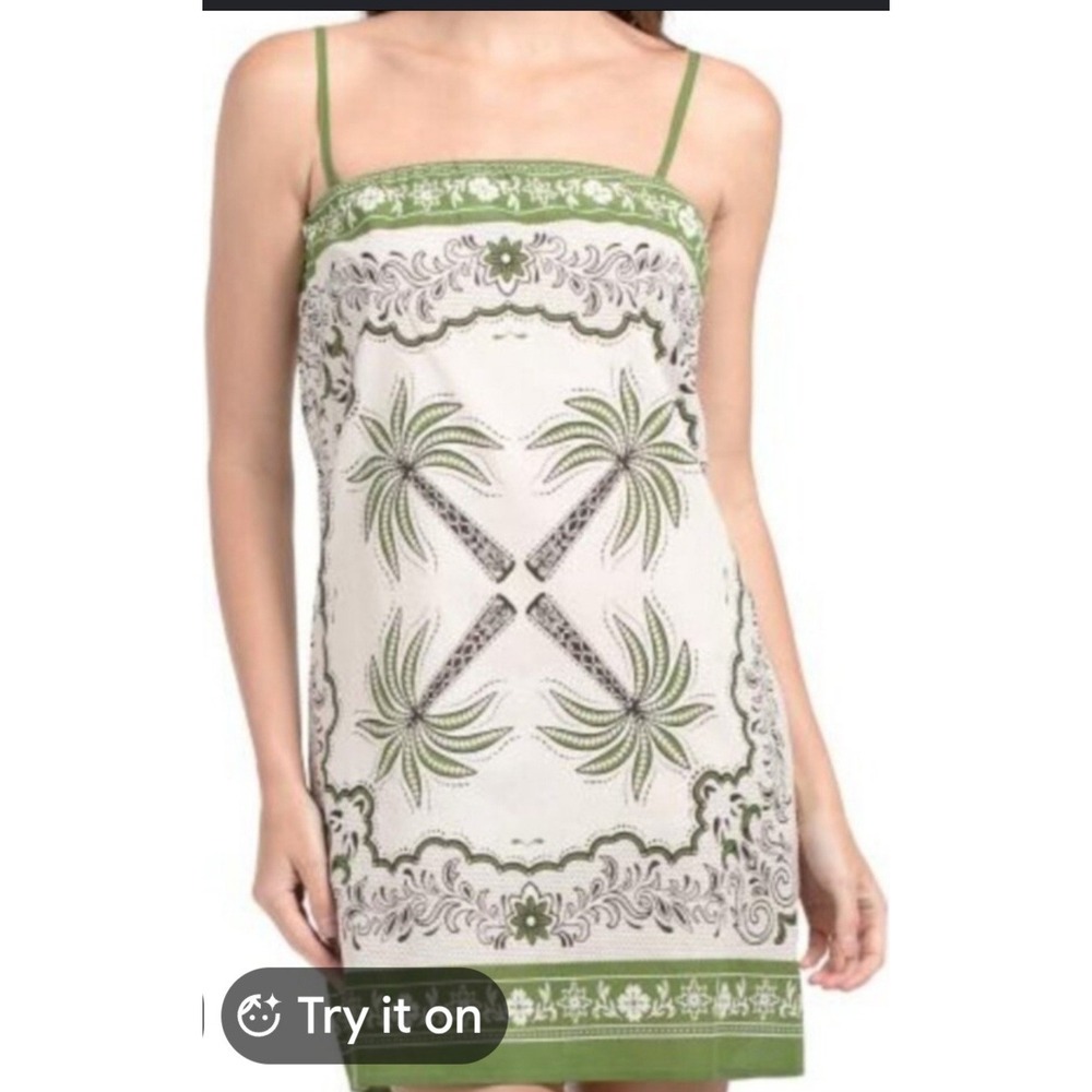 Reve de Soliel Dress S Vacay/Resort Palm Trees Strap Cotton Cream/Green Print - Picture 2 of 11